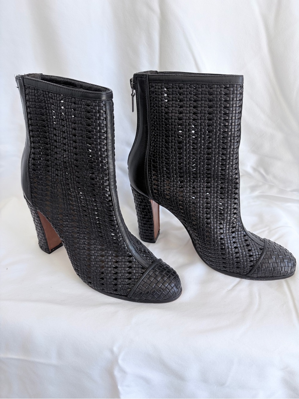 SCHUTZ Black Woven Leather Ankle Booties with Block Heel